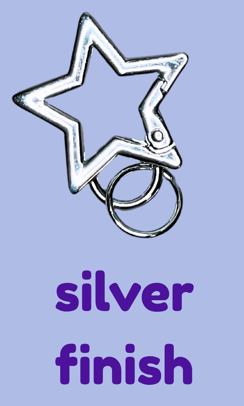Two star-shaped clasps, one silver and one slate, on a purple background with labels indicating finish.