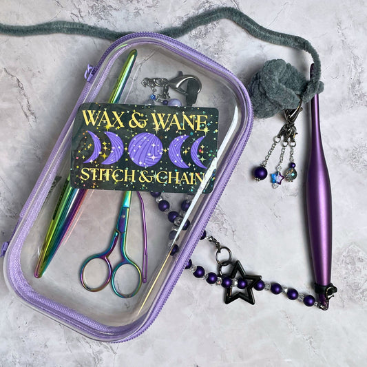 Purple crochet hook set with 'Wax & Wane' sticker
