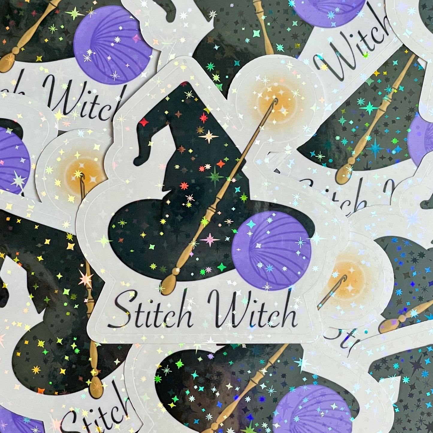 Sticker design with witch hats, wand, and 'Stitch Witch' text on a dark background.