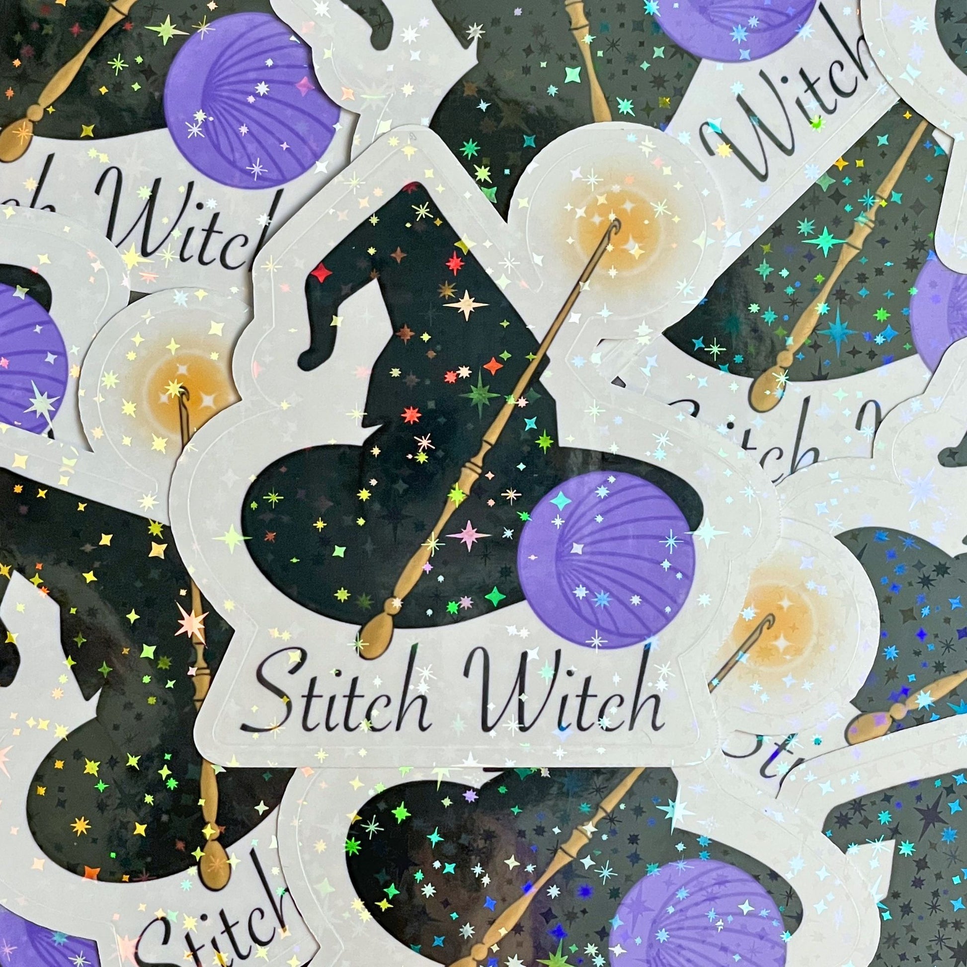 Sticker design with witch hats, wand, and 'Stitch Witch' text on a dark background.