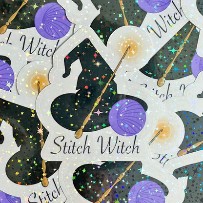 Sticker design with witch hats, wand, and 'Stitch Witch' text on a dark background.