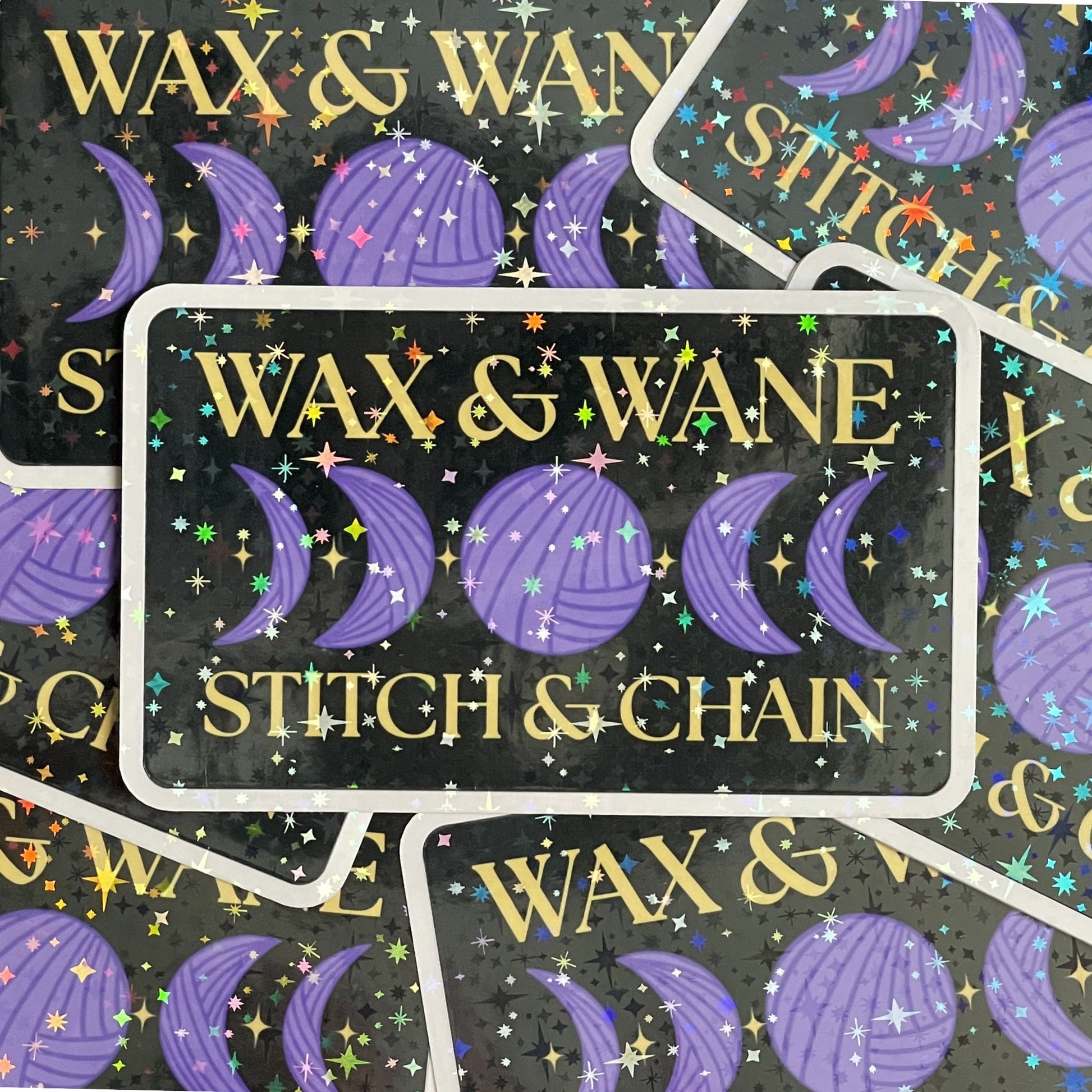 Sticker with 'Wax & Wane Stitch & Chain' design on a black background with purple crescent moons and colorful stars.