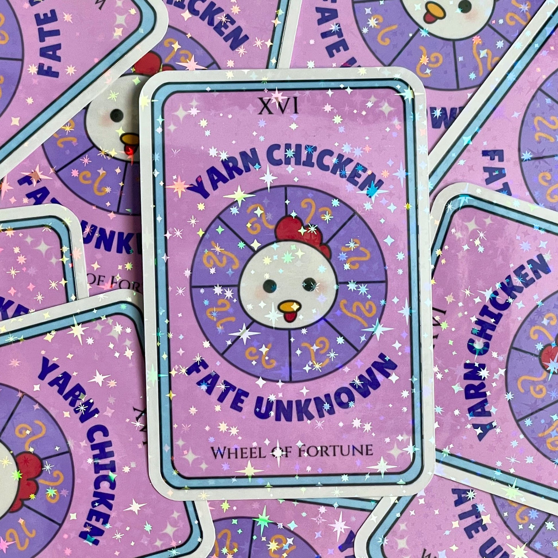 Card featuring 'Yarn Chicken' with 'Fate Unknown' text on a purple background.