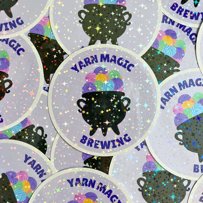 Stickers with yarn magic brewing design on a gray background